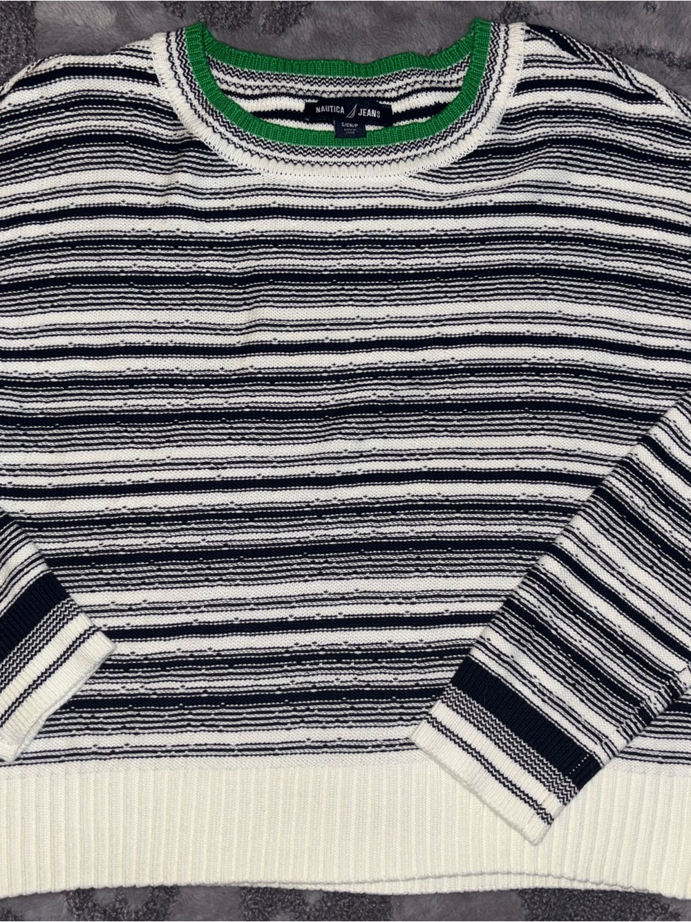 Nautica Striped Crewneck Sweater in Navy, White & Green Trim